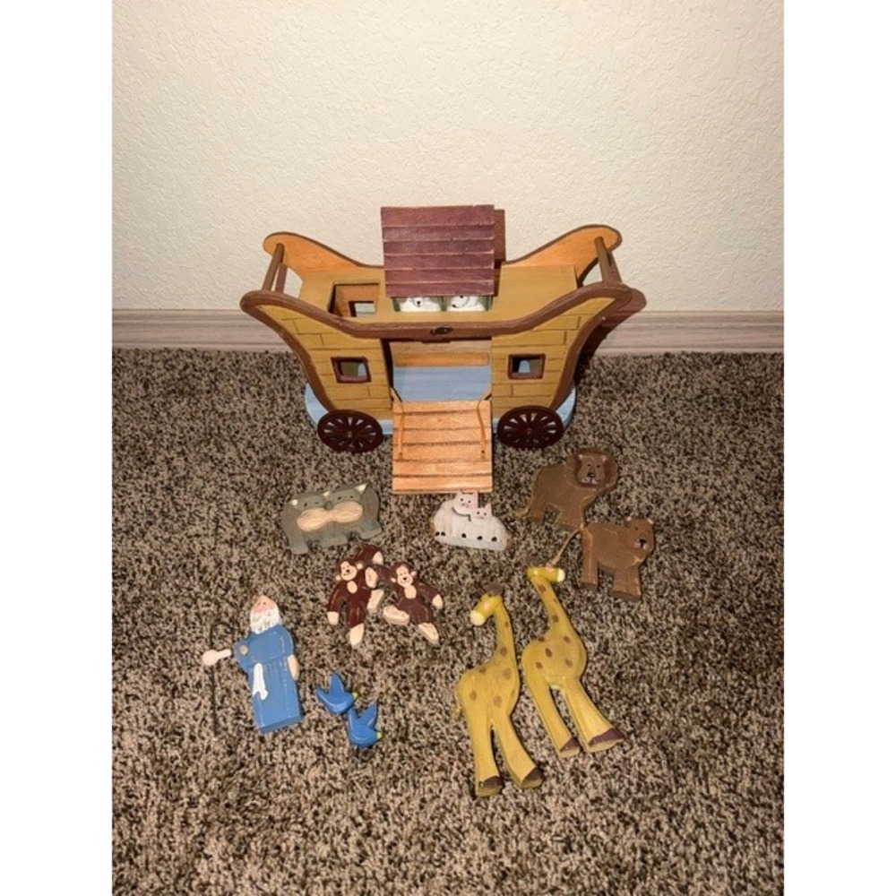 Vintage Wooden Noahs Ark Playset with Animals Rolling Ark Toy 14 Piece Set